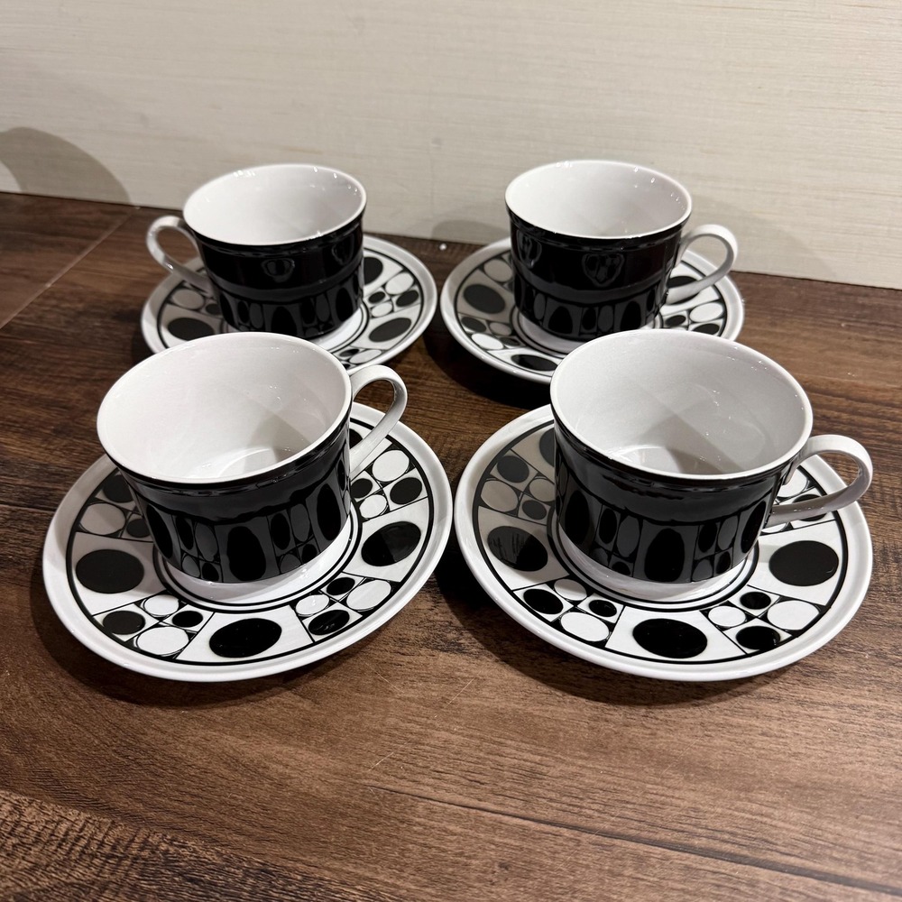4 VTG 70s Mikasa Avant Garde Coffee Cup Mug & Saucers Black White MCM Space Age